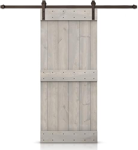 46 pulgadas x 84 pulgadas. Serie de barra media, puerta corrediza interior de madera teñida de gris plateado con kit de herramientas