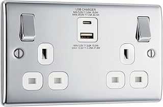 BG Electrical Double Switched Power Socket with Type A and C USB Charging Ports, 13 Amp, Polished Chrome