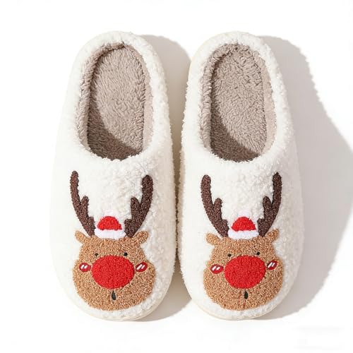 Image of Christmas Slippers Winter Warm Plush Pattern Slippers Soft Non-Slip Indoor House Shoes for Men Women