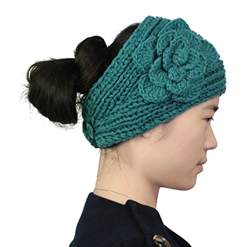 kilofly Crochet 3D Rose Winter Knit Headband, with Faux Pearl Flower Hair Band
