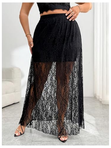 Verdusa Women's Plus Size Floral Lace Sheer Long Skirts High Rise A Line Flowy Skirt4