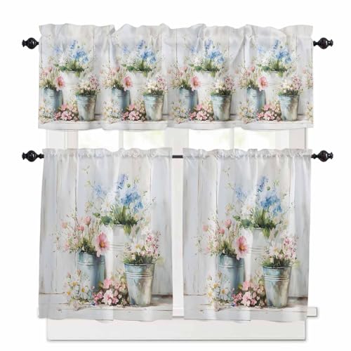 Daisies Flowers Kitchen Curtains 36 Inch Length,3 Piece Rod Pocket Small Half Tiers and Valance Set,Pink Blue Floral Farm Plant Wooden Plank Small Large Window Treatment Decor for Bedroom/Bathroom