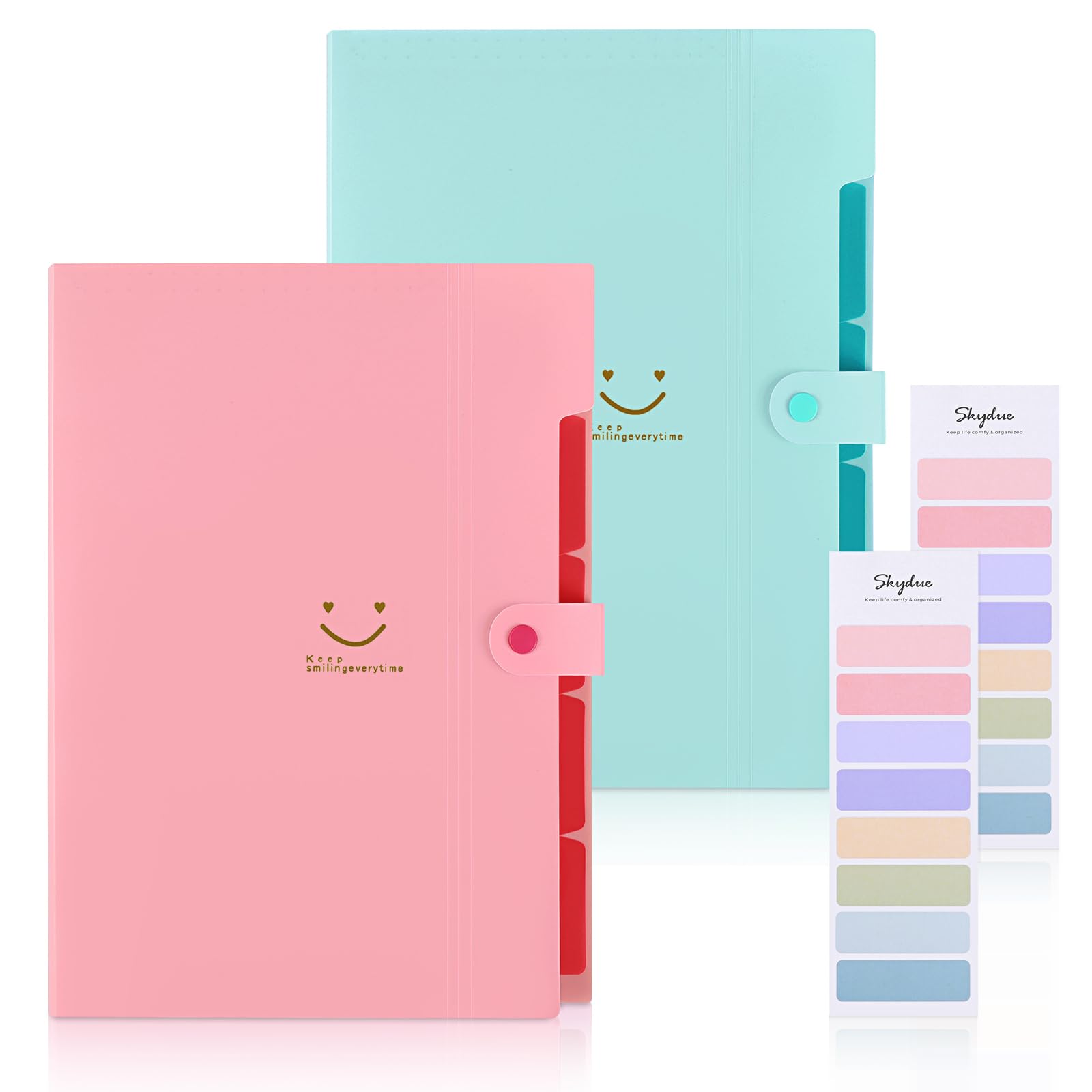 SKYDUE 5 Pockets Expanding File Folders, Cute Accordion File Organizer with Labels, Letter Size Folder for Documents, Pack of 2, Pink Green
