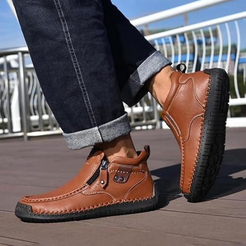 The First Young Shoes Men,Hillde Shoes with Side Zipper for Men, Men's Leather Handmade Platform Shoes Ankle Chukka Boots Slip on Loafers for Hiking Driving Moccasin Shoe2