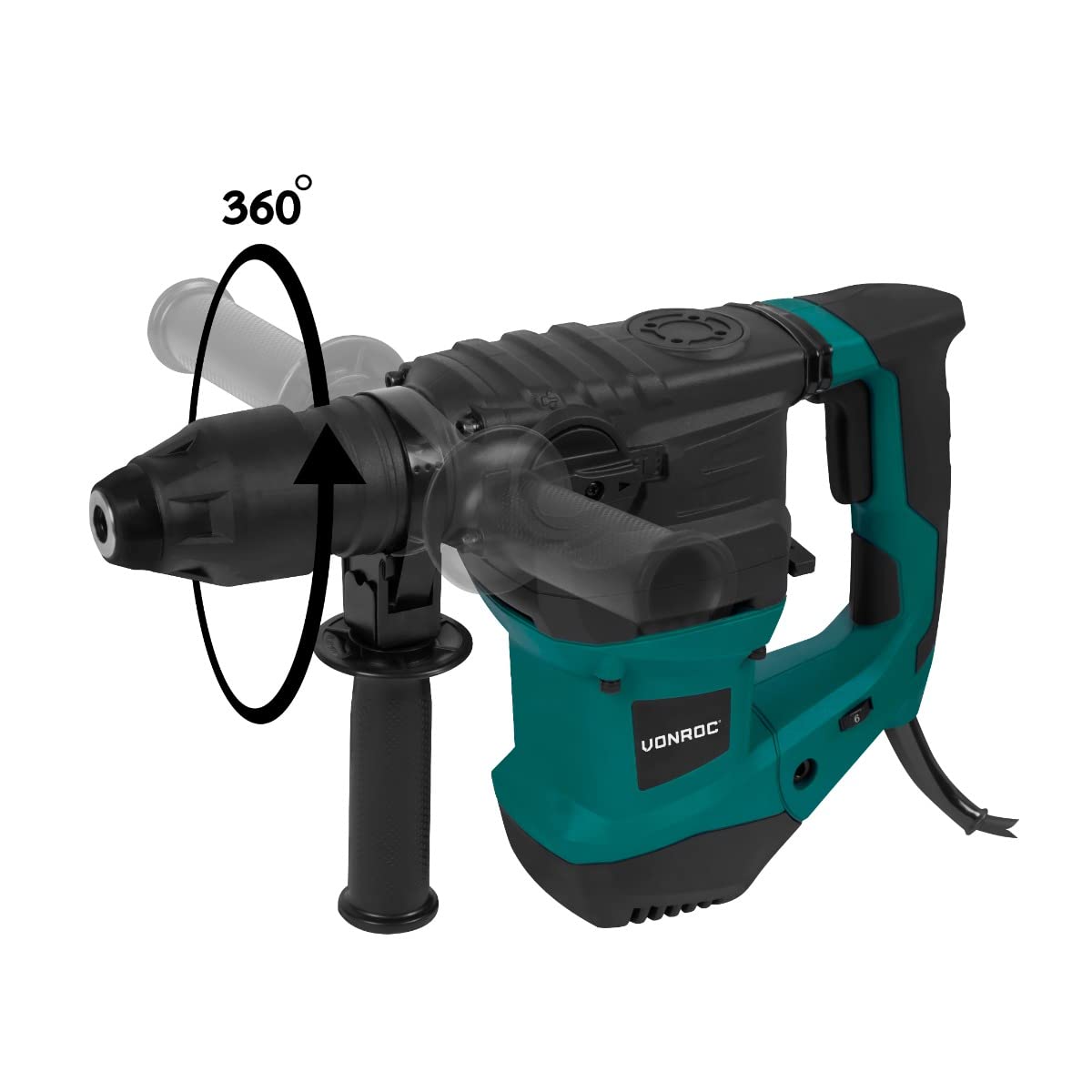 VONROC Młot Udarowo-Obrotowy 1500W – 6J, 32mm SDS-Plus, 860 obr/min, 4 Funkcje: Wiercenie, Wiercenie z Udarem, Dłutowanie, Regulacja Dłuta – Zestaw z Wiertłami, Dłutami, Osłoną Przeciwpyłową i Walizką