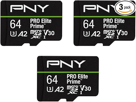 PNY 64GB PRO Elite Prime C10 U3 V30 A2 microSDXC Flash Memory Card – Ultra-Fast Speeds, Read 200MB/s, Write 110MB/s, 4K UHD, Full HD, UHS-I, for Smartphones, Drones, Action Cameras, 3-Pack