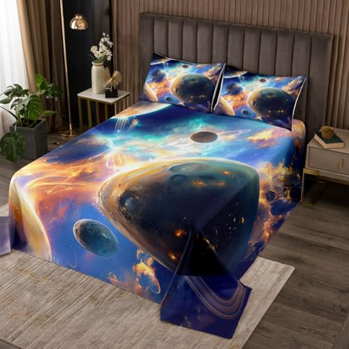 jejeloiu Solar System Coverlet Set King Size Kids Outer Space Quilted Coverlet for Boys Girls Universe Planets Bedspread Galaxy Quilted Room Decorations