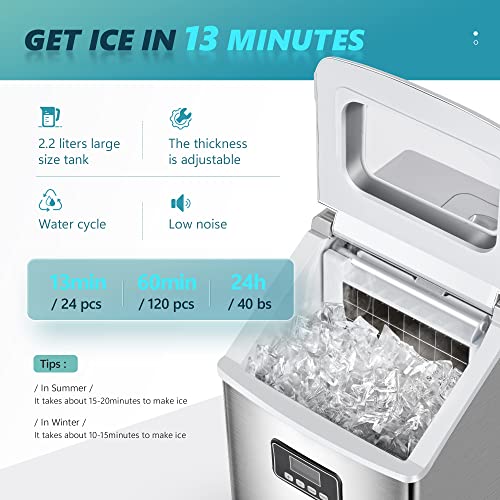 Euhomy Countertop Ice Maker Machine, 40Lbs/24H Auto Self-Cleaning, 24 Pcs Ice/13 Mins, Portable Compact Ice Maker With Ice Scoop & Basket, Perfect For Home/Kitchen/Office/Bar(Silver) #TOP1