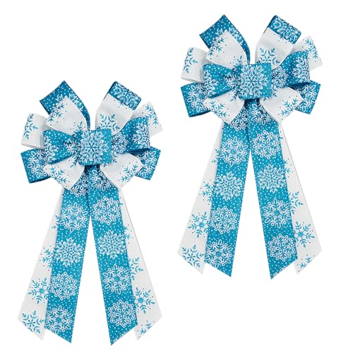 ALIBBON 2 Pcs Large Merry Christmas Bows for Wreaths, Christmas Wreath Bows, Glitter Snowflake Bows, White Blue Bows for Front Door, Christmas Decor Tree Topper, Craft Bows for Indoor Outdoor Decor