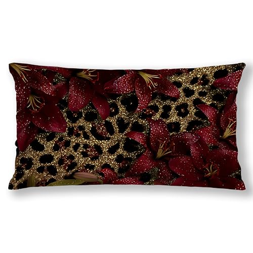 efgthyjdh Burgundy Lily Floral Gold Glitter Leopard Lumbar Pillow Covers 12x20, Dark Red Cheetah Wild Animal Print Decorative Throw Pillow Covers for Home Living Room Bedroom