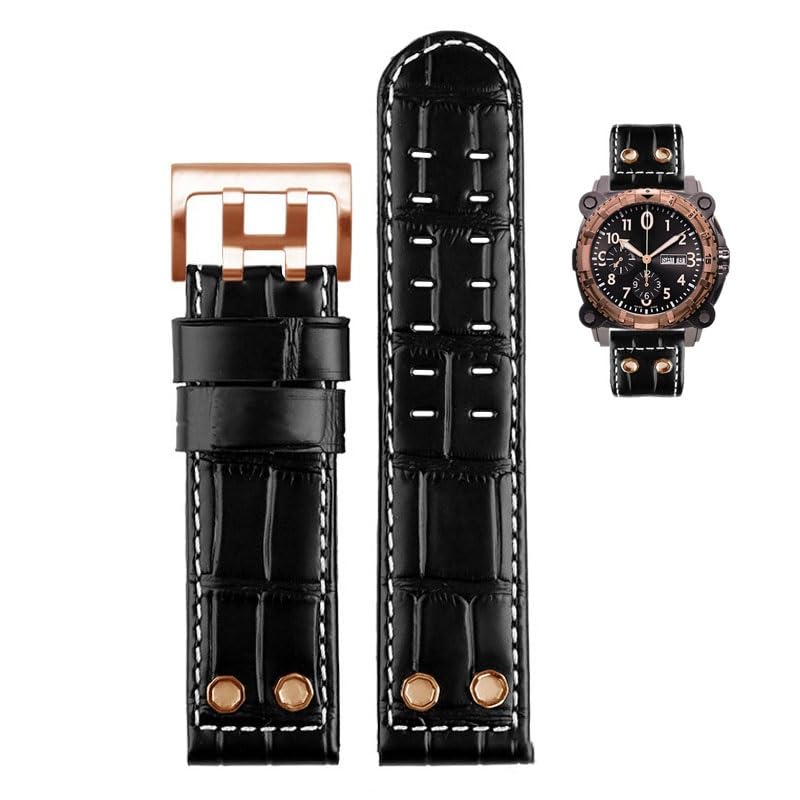 Bracelet de montre en cuir véritable riveté pour Hamilton Khaki 24mm noir Blackrr2