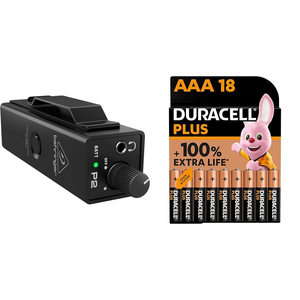 Behringer POWERPLAY P2 Ultra-Compact Personal In-Ear Monitor Amplifier & Duracell Plus AAA Batteries (18 Pack) - Alkaline 1.5V - Up To 100% Extra Life