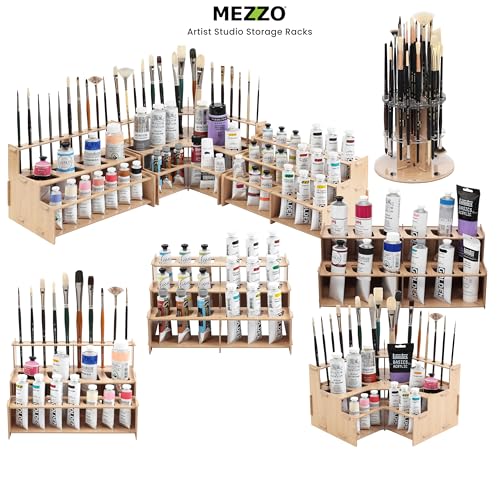 Image of HG Art Concepts Mezzo Artist Paint & Brush Rack - Wood Grain Laminate Multi Layer Desk Stand Professional Storage Display Organizer for paintbrushes and Large Tubes
