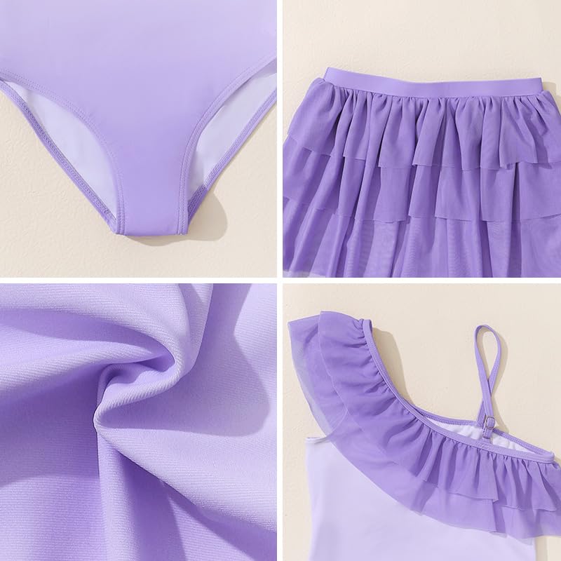 Image of Mikrdoo Girls One Shoulder Ruffle Bathing Suit Beach Outfits One Piece Swimsuit with Skirt