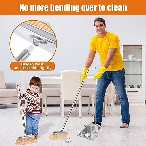 Kehrschaufel Set mit Langem Stiel 118cm Edelstahl Besen und Kehrschaufel Set Einstellbar Besen Set für Zuhause Küche Büro Straße (Quadratisch)