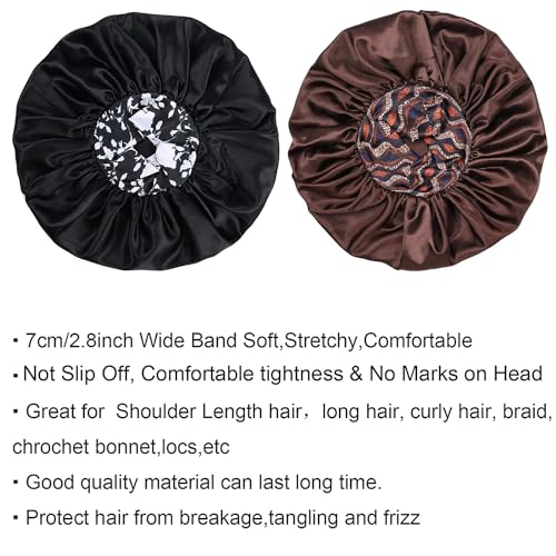 Isshin Beauty Silk Satin Bonnet Hair Cap: 2pcs 17inch Diameter Extra Large Jumbo Sleeping Satin Bonnets with Comfortable Flower Band - High Density Satin Bonnets for Women Braids Curly Night Cap（Black & Coffee）