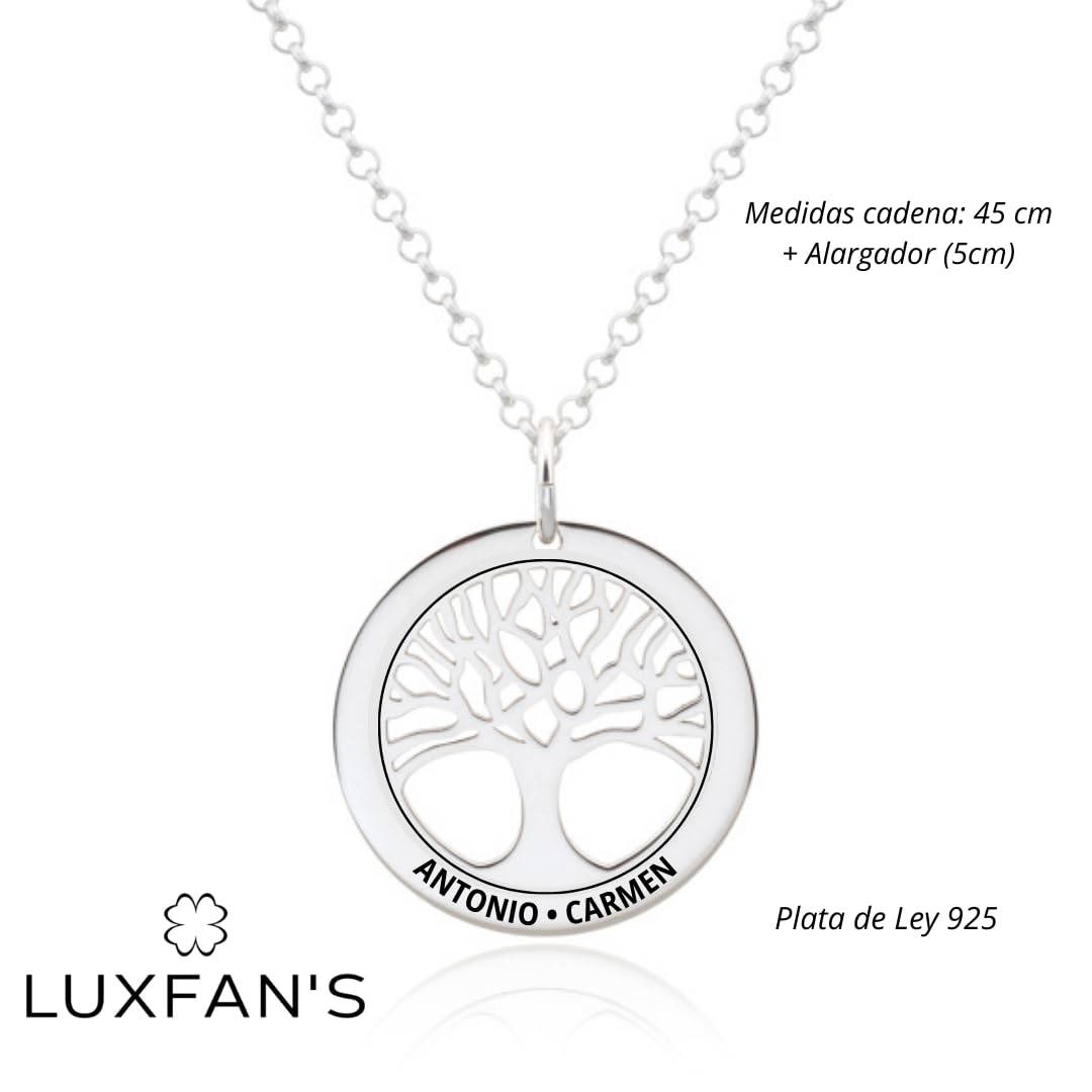 Collar Árbol de la Vida en Plata de Ley 925 personalizable, con cadena Rolo de 45cm + Alargador. Un regalo perfecto para regalar a madres o abuelas. (Collar Árbol de la Vida)