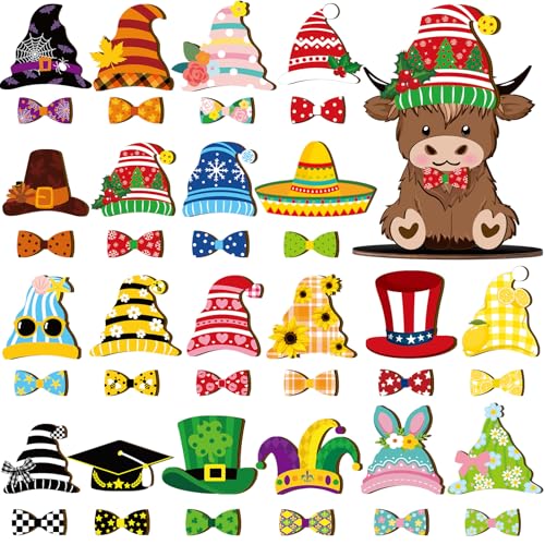 GlikCeil 42 Pcs Christmas Interchangeable Highlands Cow Decor Wood Table Sign with 40 Interchangeable Hats DIY Holiday Seasonal Table Decor Tiered Tray Decoration for Home Thanksgiving Halloween