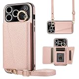 TENSIK iPhone 17ProMax 用の ケース 手帳型 肩掛け アイフォン17 ProMax 用の ショルダー スマホケース いphone17 Pro Max 用のカバー PUレザー 首掛け 斜めかけ マグネット式 ICカード収納 鏡付き 写真入りポケット 調節可能な 携帯ケース ピンク