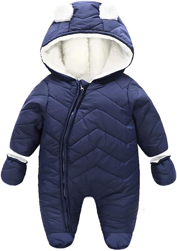 BafeicaoBaby Boy Girl Winter Hooded Snowsuit Romper Zipper Padding Bodysuit Infant Puffer Jacket with Gloves 3-24 Months