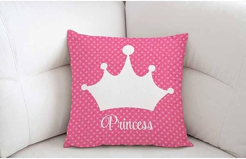 Miniatura 5 de Pehede Funda de almohada decorativa de lino y algodón con corona de princesa y corona blanca sobre lunares rosados, para sofá, silla, dormitorio, 18