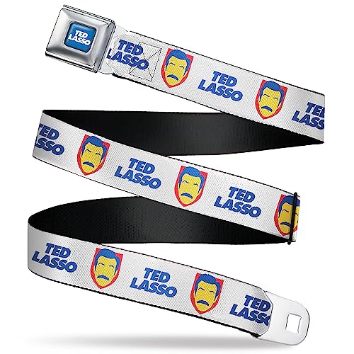 Ted Lasso Belt, Seatbelt Buckle Belt, Ted Lasso Icon and Text White Blue Red Yellow, Youth 20 to 36 Inches
