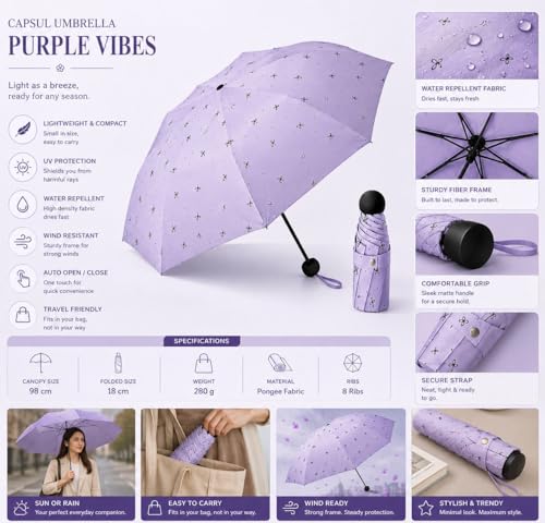 Image of Umbrella, Mini Folding Windproof & Compact UV Umbrella for Sun Protection Rain Windproof Strong Large 3 Fold for Women Handbags,3 Fold for Men Women, Stylish & Compact