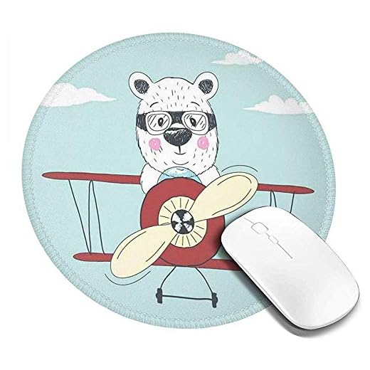 Alfombrilla de ratón Redonda, Oso piloto Dibujado a Mano Volando un avión en Cielo Abierto Divertidos Dibujos Animados Infantiles, Alfombrilla Antideslizante para Juegos