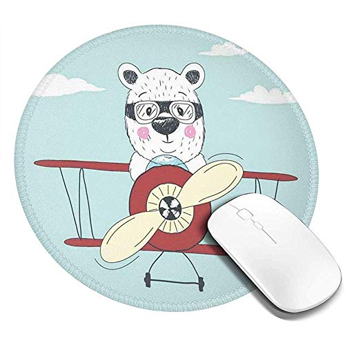 Alfombrilla de ratón Redonda, Oso piloto Dibujado a Mano Volando un avión en Cielo Abierto Divertidos Dibujos Animados Infantiles, Alfombrilla Antideslizante para Juegos