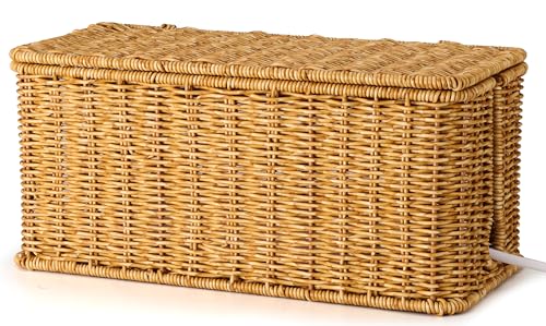 Image of ZhiYo Rattan Cable Management Box, Cord Organizer, Nature, 12.5 inchx5 inchx5.2 inch