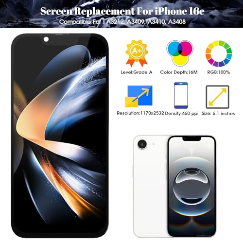 SRJTEK Écran de remplacement pour iPhone 16e pour iPhone 16e LCD A3212 A3408 A3410 A3409 Digitizer Kit de réparation d'écran tactile (noir, sans cadre) – vue 2