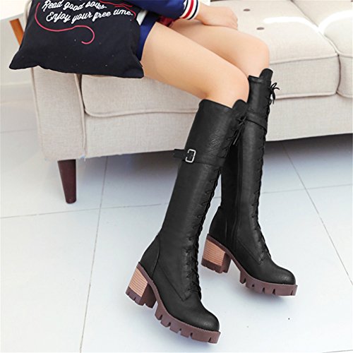 MFairy Women's Lace-Up Strappy Knee High Combat Stacked Heel Boot3