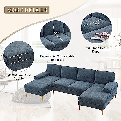 Veryke U Shape Sectional Sofa Couch,Modern 110'' Chenille Fabric Sectional Couch Sofa, Upholstered Sofa Bed With Golden Metal Legs For Living Room #TOP2