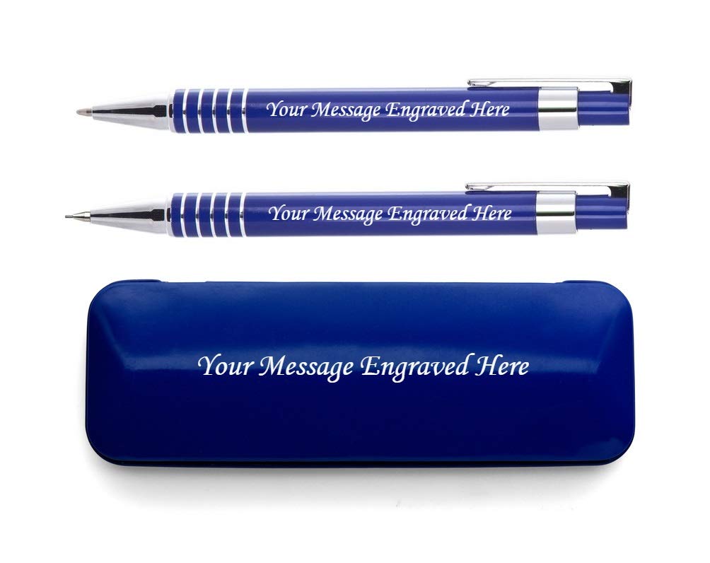 Personalised Engraved Stylish Pen And Pencil Set In Matching Colour Presentation Box - Perfect Gifts For Him Or Her - Enter Your Custom Text (Blue)