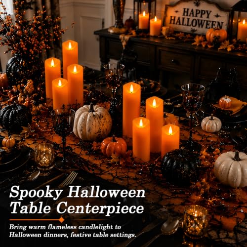 Image of Homemory Orange Halloween Flameless Candles, Remote Timer, 9 Pack | Battery operated LED pillar candles, remote timer, Halloween candles, fall decor, harvest, Thanksgiving, mantel, lanterns