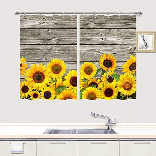 Sunflower On Rustic Wooden Kitchen Curtains, Sunflowers On Rustic Wood Farmhouse Window Curtain Panels, Waterproof Kitchen Curtains Drapes, Sunflower Window Treatment Set With Hooks, 55X39Inch (55X39) #TOP1