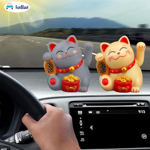 Image of FunBlast Maneki Neko Lucky Cat, Waving Arm Solar Powered Good Luck Wealth Welcoming Display Car Decor Paw Up with Arm, Decor Item for Home, Office and Car (Random Color;Pack of 2)