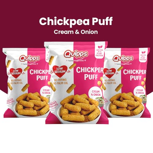 Image of Quipps Chickpea Puff - Cream & Onion (60g) | Plant Protein Healthy Snack | Low Sodium, Gluten Free, No Palm Oil | Non-Fried Crunchy Diet Snack | Heart Friendly Crunchy Puffs | Light & Crunchy Healthy Munchies for Office Snacks