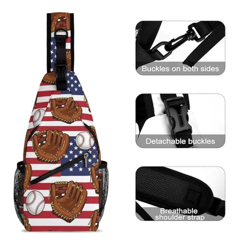 Fashion Traveling Running Casual Chest Bag, Dress Decor Sling Backpack, Shoulder Bag Casual Day Pack American Flag Baseball Art3