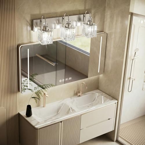 Image of Ralbay Brushed Nickel Vanity Light for Bathroom Crystal 3-Light Modern Crystal Bathroom Light Fixtures