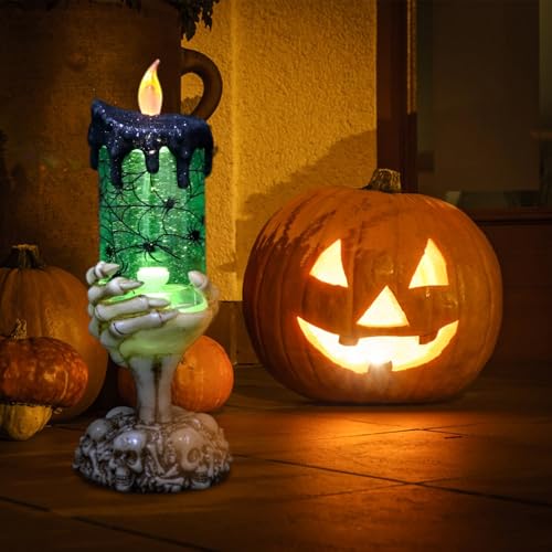 Image of Eldnacele Halloween Snow Globe Candles Lighted Lamp USB Powered Battery Operated Spooky Spinning Water Glittering Tornado Flameless Candles Skeleton Hand Holder Halloween Centerpiece Decor(Spider)