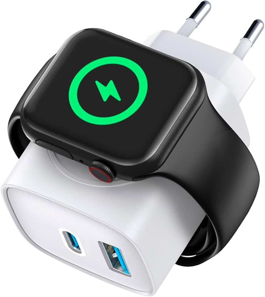 Gshield Carregador de Parede Survivor 3 em 1 Power Delivery Tipo-C 20W Ultra Rápido + USB-A 18W e Base de Carregamento Magnética Sem Fio Compatível com Apple Watch Integrada, Branco