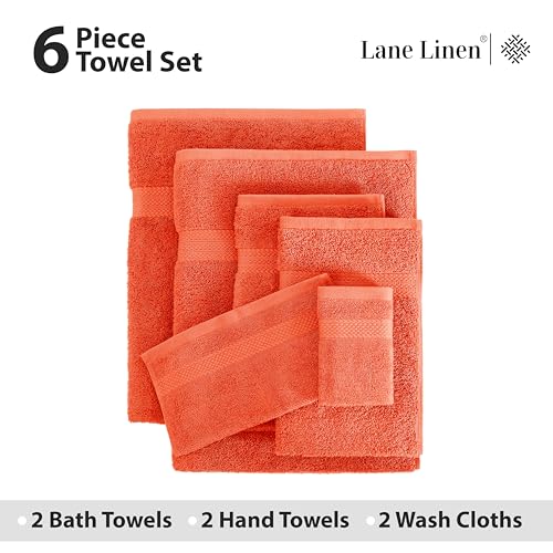 LANE LINEN 100% Cotton Luxury Bathroom Towel Set - 6 Pcs - Ring Spun, Quick Dry, Very Soft & Absorbent - 2 Bath, 2 Washcloths, 2 Hand Towels - Remains Fluffy Even After Multiple Washes - Tiger Lily