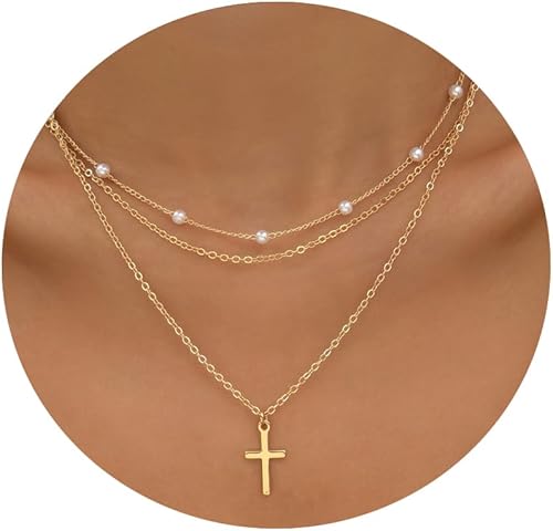 WMISIY Dainty Pearl Necklaces for Women Girl 14K Gold Plated Layered Pearl Necklace Simple Pearl Choker Necklace Jewelry Gift