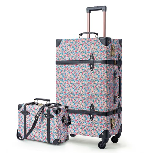 Unitravel Vintage Luggage Set, Women Carry On Suitcase Set with TSA Lock, Faux Leather Spinner Trunk with 12" Train Case, Stained Glass, 26"+12", Vintage Trunk With Spinner Wheels