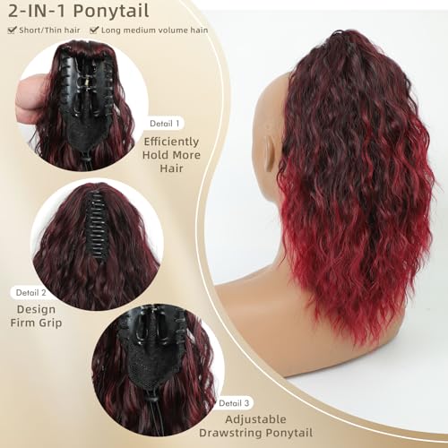 Image of Claw Clip Ponytail Extension 16In Wavy Curly Hair,Ombre Burgundy
