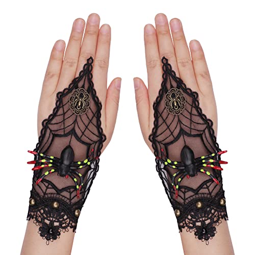 1Pair Lace Fingerless Black Punk Gothic Corpse Bridal Gloves for Halloween/Evening Party Wedding Short Bridal Gloves Ladies Girls Fancy Dress Flowery Day of the Dead Costume Accessory - Image 3