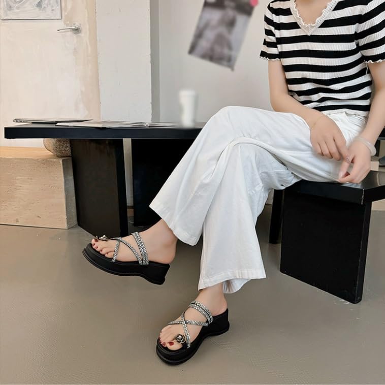 HBJWOV Pearl Rhinestone Sandals for External Wear with Toe Cuffs Beach Thick Soles and Sloping Heels3