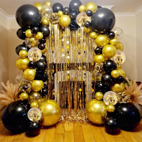 Image of Black and Gold Balloons, Birthday New Year's Eve Prom Wedding Party Balloon | Black and Metallic Chrome Gold Confetti Balloons for Father's Day Graduation Class OF 2026 Anniversary Retirement Party Decor