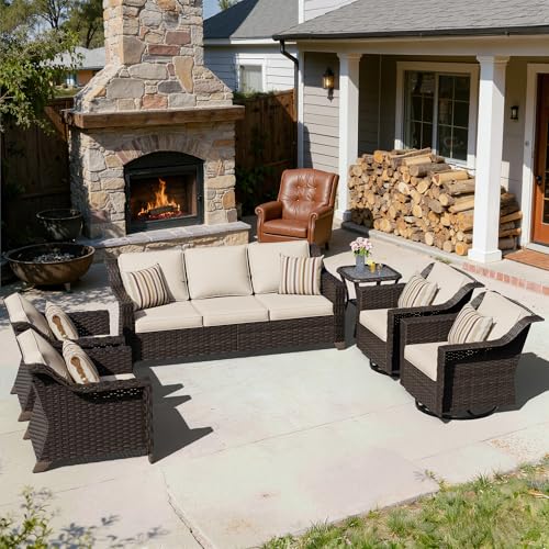 Image of 6 Piece Patio Furniture Set, Wicker Outdoor Conversation Set | Patio Chair Set with Olefin Removable Cushion, All-Weather Outdoor Couch with Deep Seat for Porch, Deck and Backyard, Beige